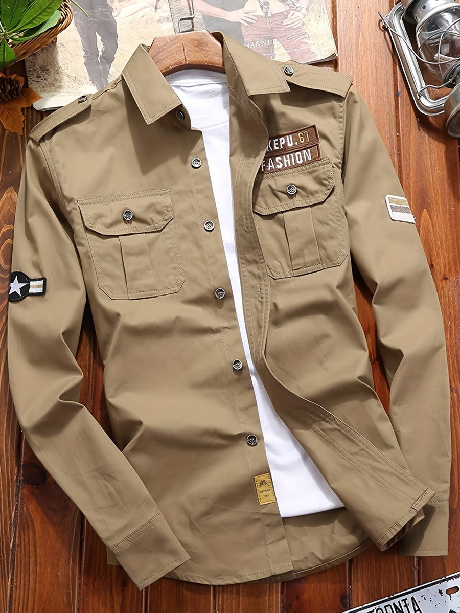 Men'S Long Sleeve Dress Shirt Business Casual Men'S Shirt Jacket Work Outerwear Shoulder Epaulet Jacket Men'S Handsome Youth School Solid Color Coat Comfortable Casual Versatile Tall Slimming Coat Top Thanksgiving Christmas Gift - Khaki