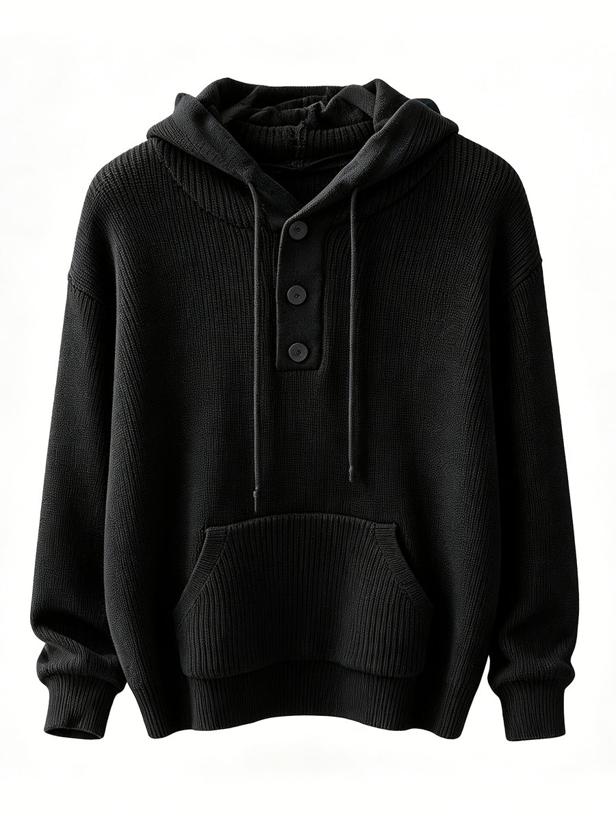 Men'S Hooded Pullover Sweater Half-Button Drawstring Kangaroo Pocket Thick Yarn Knitwear Autumn Winter Trendy Casual Daily Pullover Sweater - Black