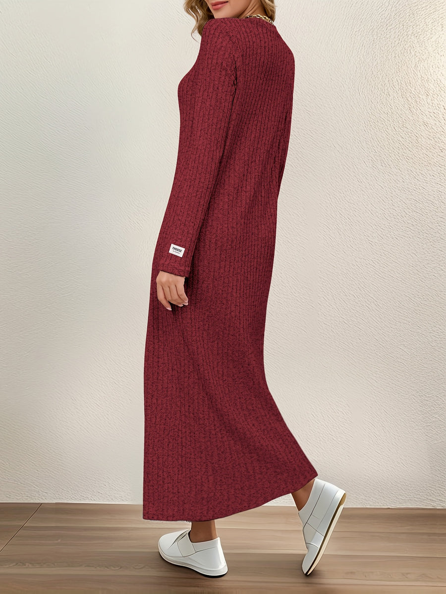 New Women's Round Neck Pullover Long Dress, Suitable for Home Wear, Outerwear, or as a Base Layer, Long Sleeve, Slim Fit, Loose Fit, A-Line, Solid Color, Ribbed, Relaxed Style Long Dress - Burgundy