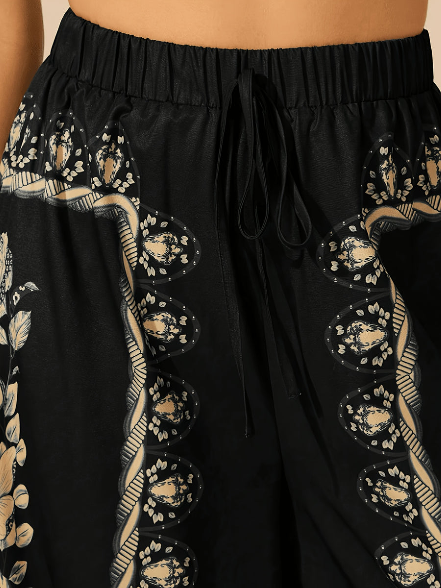 Women's Wide-Leg Pants for Spring, Summer, and Autumn, Floral Print with Drape, Versatile for Vacation and Daily Wear, Casual Fashion Trousers - Black