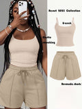 Women'S New Casual Camisole Knit Elastic Vest And Striped Textured Shorts 2pcs Set - Apricot