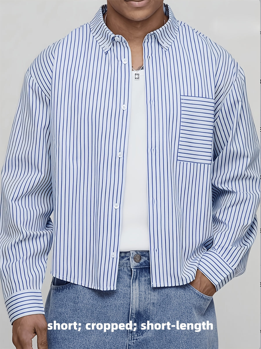 Men's Short Striped Casual Long-Sleeve Button- Shirt with Lapel, Suitable for Spring/Autumn Outings, Vacations, and Daily Wear, Men's Fashion Apparel - Light Blue