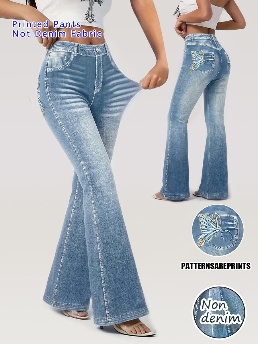 Effect Printed - Not Fabric Butterfly Print Flare Pants, High-Waist Stretchy Slim Fit, European and American Hot Style Leg-Lengthening Trousers - Light Blue