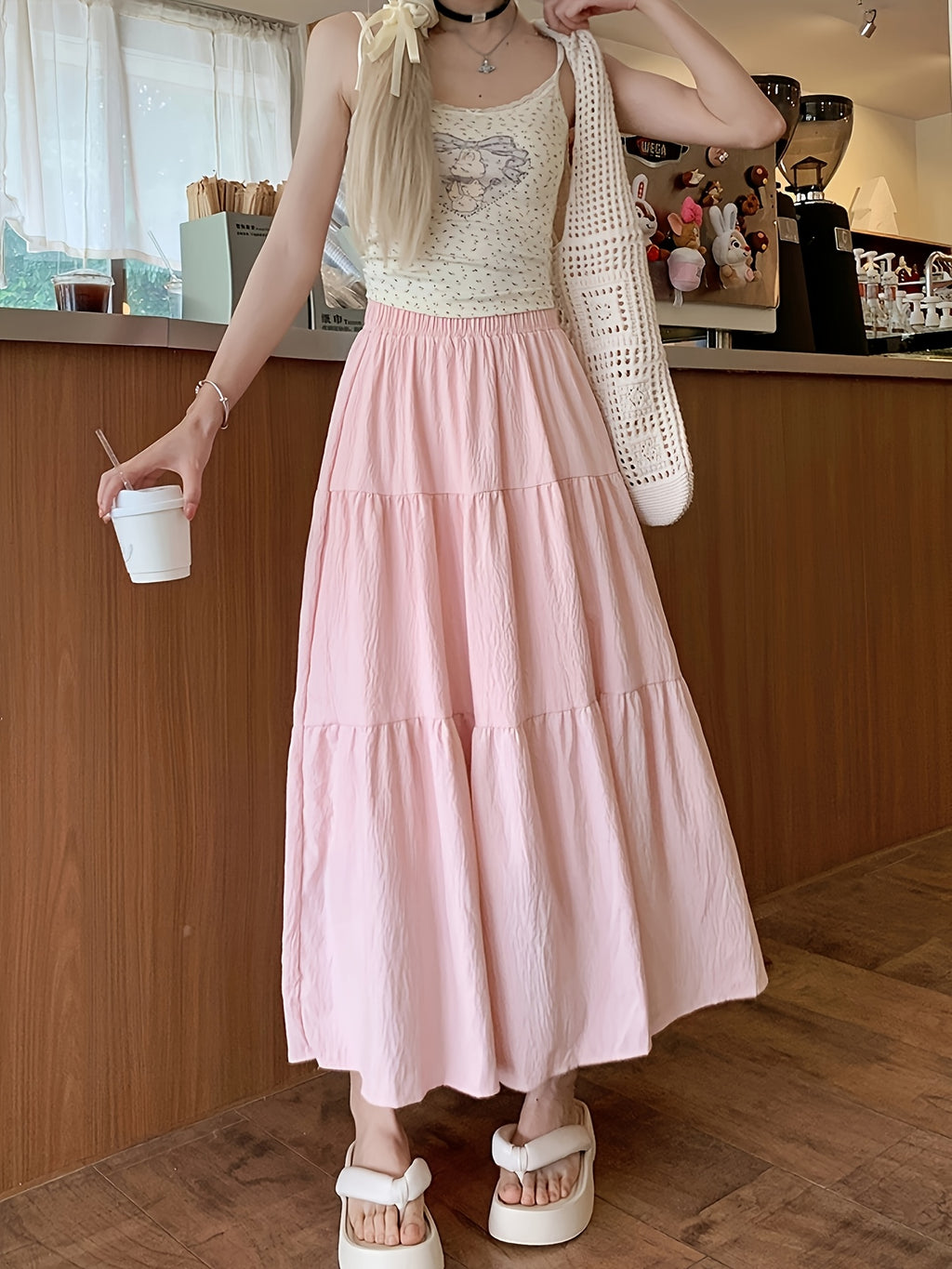 A-Line Umbrella Sweet Spring And Autumn Women'S High-Waisted Long Skirt with Elastic Waistband, Long Skirt with Lining, Beach Party Long Skirt - Light Pink Color