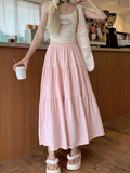 A-Line Umbrella Sweet Spring And Autumn Women'S High-Waisted Long Skirt with Elastic Waistband, Long Skirt with Lining, Beach Party Long Skirt - Light Pink Color