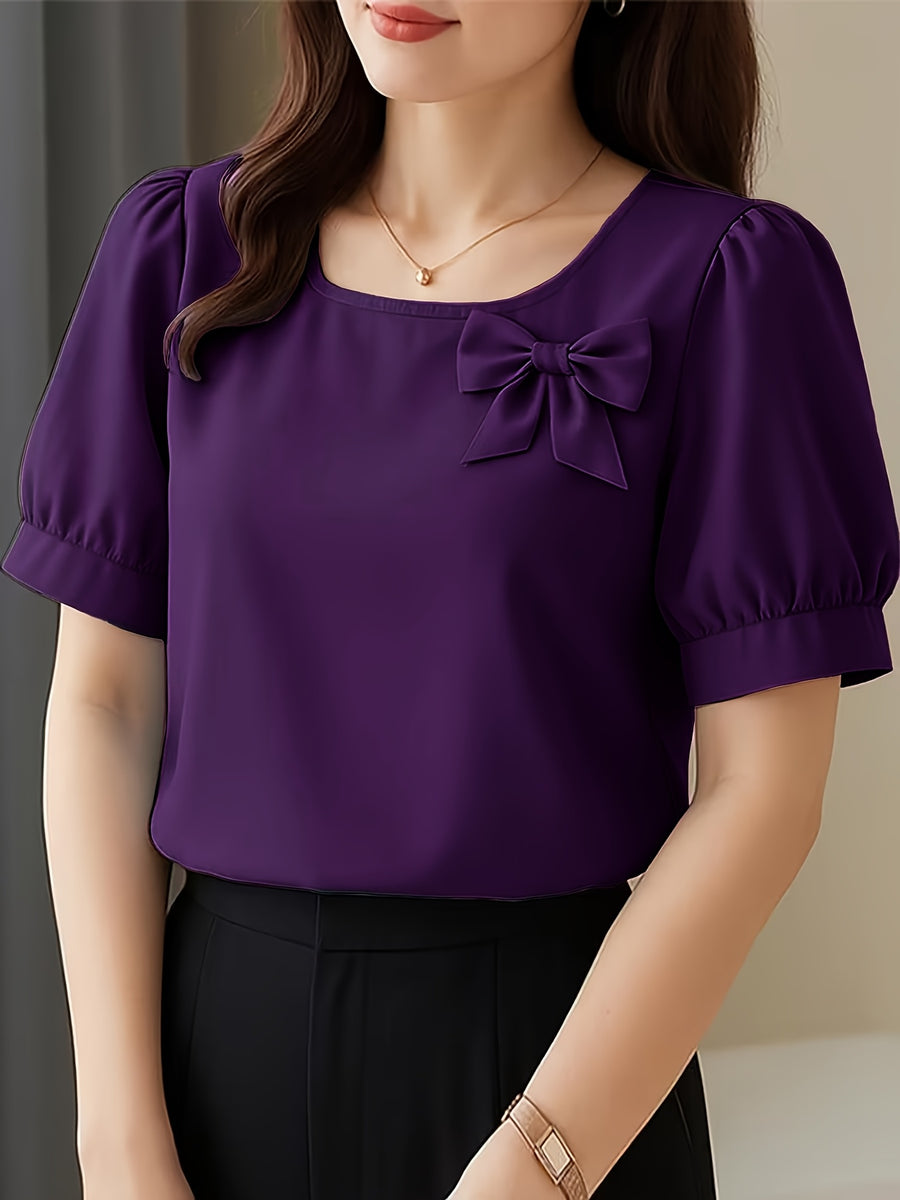 Elegant Casual Square Neck Short Sleeve Shirt with Bow and Puff Sleeves, Solid Color Top - Deep Purple