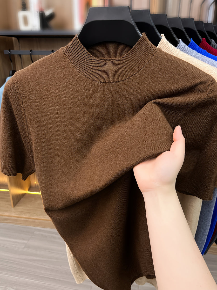 [Wading Whale OBM] 1pc Spring Summer New Men'S Knit Pullover Sweater, Old Money Style Textured Solid Color Short Sleeve T-Shirt, Casual Fashion Thin Breathable Ribbed Pullover Sweater Base Layer Top, Suitable for Spring And Summer Wear - Coffee Brown