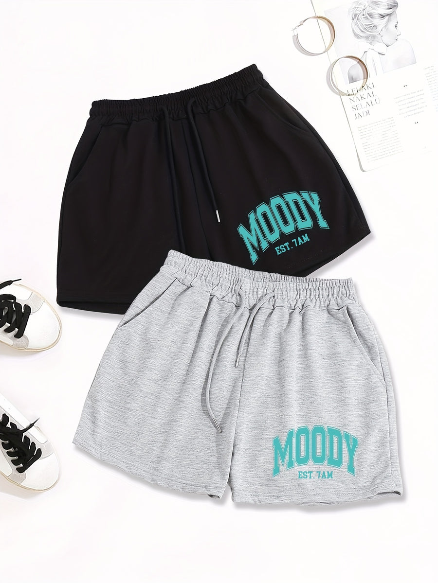 2pcs, Letter Print Drawstring Shorts, Casual Shorts, Women'S Clothing - Black+gray