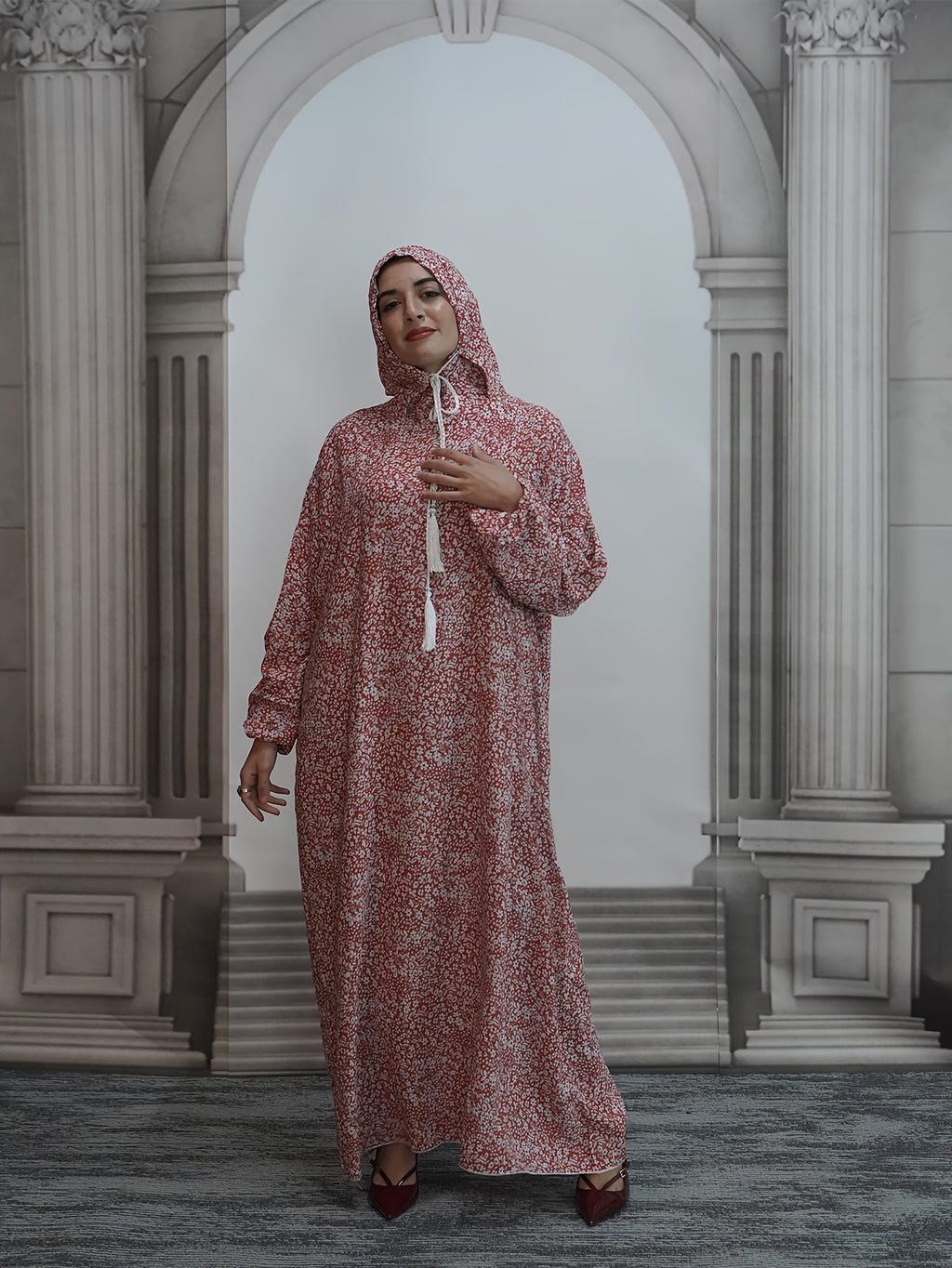 Middle Eastern Women's Elegant Hooded Drawstring Robe Fashion Classic Print Dress - Multicolor