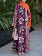 New Middle Eastern Style Muslim Elegant Robe, Retro Vine Floral Print Women'S Long Dress, Side Stripe Decorative Design, Long Sleeve Loose Flowing Cut, Conservative And Modest, Suitable for Prayer, Outings, Family Gatherings - Mixed colors