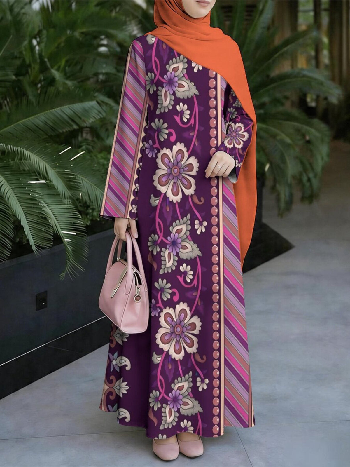 New Middle Eastern Style Muslim Elegant Robe, Retro Vine Floral Print Women'S Long Dress, Side Stripe Decorative Design, Long Sleeve Loose Flowing Cut, Conservative And Modest, Suitable for Prayer, Outings, Family Gatherings - Mixed colors