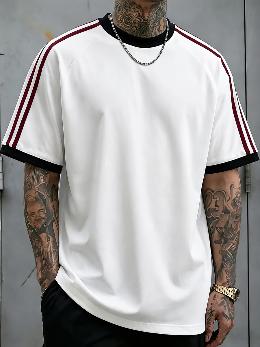 Color-Block Ribbed Striped T-Shirt, Solid White with Double Stripes Basic Style Men'S 100% Versatile Sports Casual Summer Short Sleeve Top, Suitable for Outdoor Wear, Gym, Office, And Daily Fashion, Essential for Men'S Wardrobe - Unisex - White