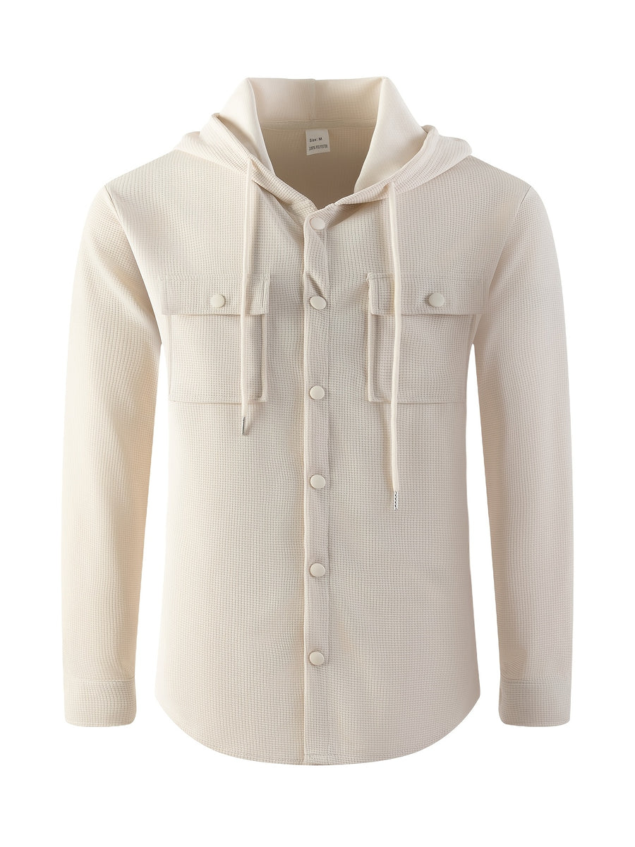 Men'S Waffle Knit Hooded Jacket - Button-Up Workwear Coat - Casual Jacket with Pockets - Spring And Autumn Commute Outfit - Korean Style for Outdoor Activities, Camping, Hiking - Khaki
