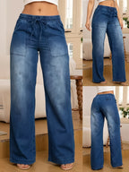 8433# Women's Fashionable Versatile Straight-Leg Wide-Leg Stretch Jeans with Back Pockets, Drawstring, and Elastic Waistband - Medium Blue