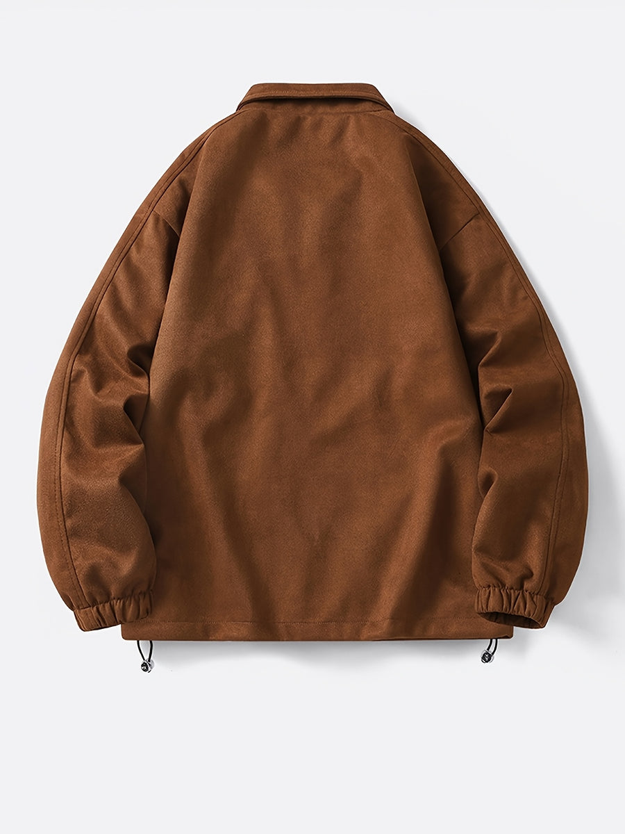 Men's Solid Color Stand Collar Zipper Jacket, New Spring/Autumn Simple Casual Workwear Outerwear, Loose-Fitting Versatile Fashion Top with Inner Pockets, Elastic Cuffs and Hem, Men's Daily Commuter Jacket - Coffee Color