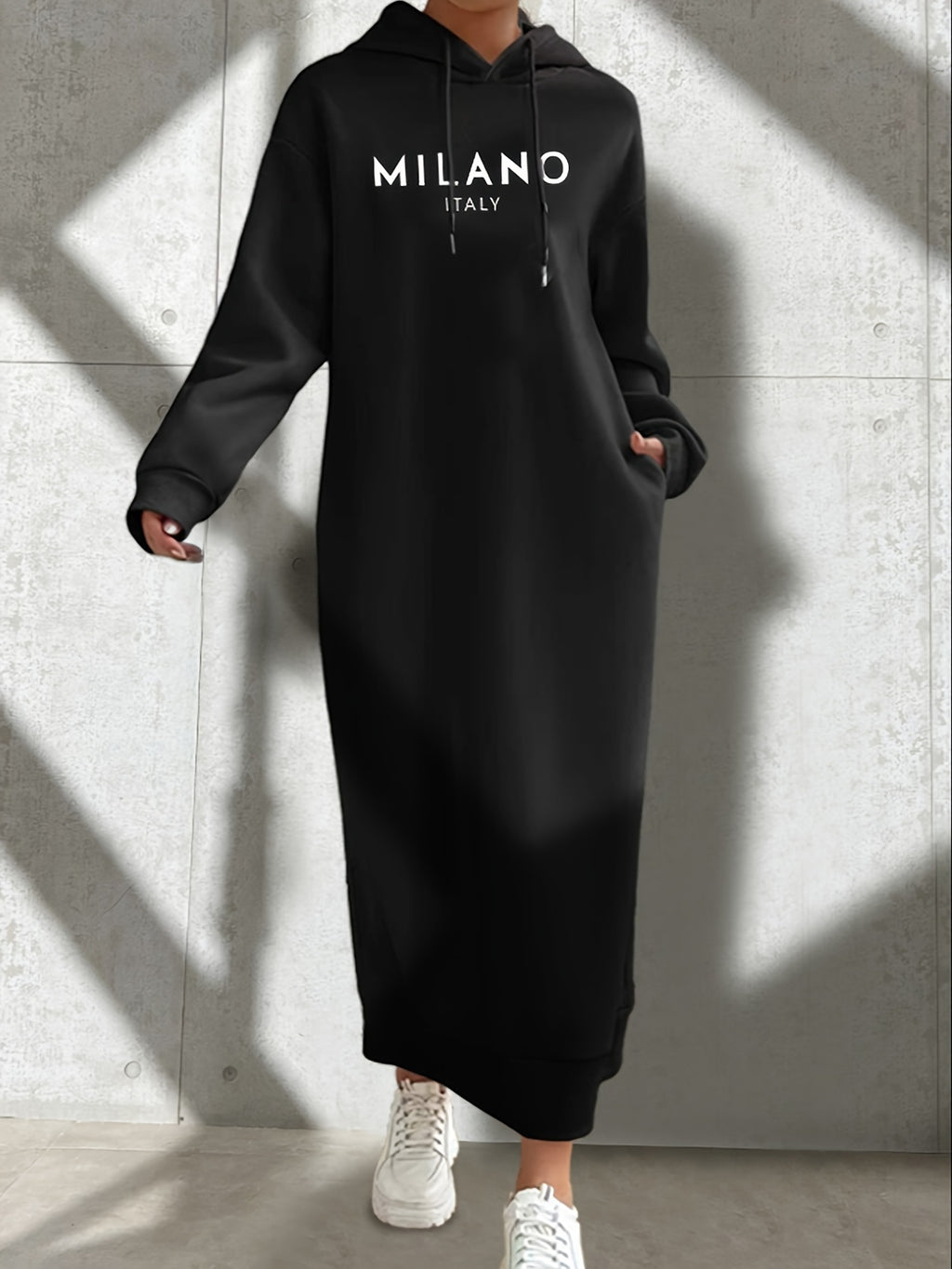 Womens Chic Hooded Drawstring Dress - Casual Long Sleeve Loose Fit - Comfortable & Versatile Solid Color - Perfect for All Season - Black