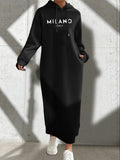 Womens Chic Hooded Drawstring Dress - Casual Long Sleeve Loose Fit - Comfortable & Versatile Solid Color - Perfect for All Season - Black