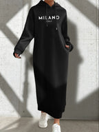 Womens Chic Hooded Drawstring Dress - Casual Long Sleeve Loose Fit - Comfortable & Versatile Solid Color - Perfect for All Season - Black