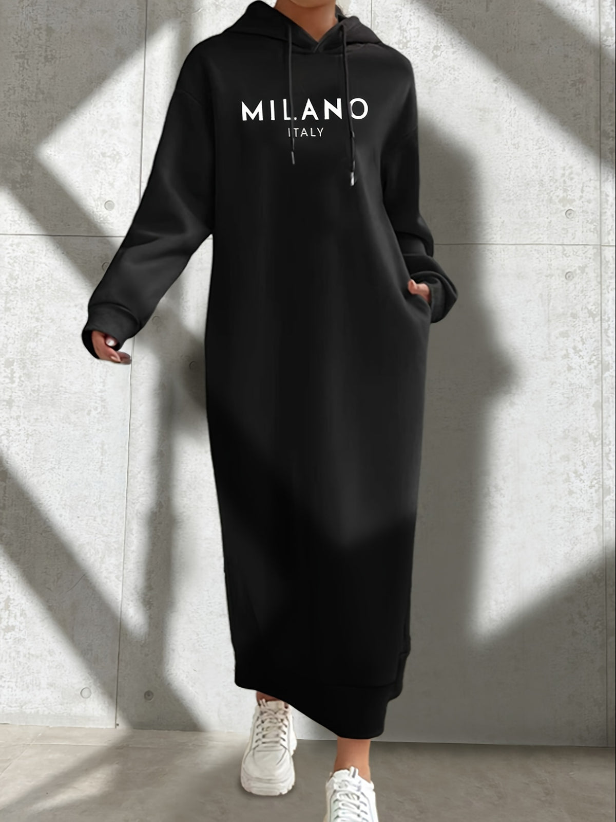 Womens Chic Hooded Drawstring Dress - Casual Long Sleeve Loose Fit - Comfortable & Versatile Solid Color - Perfect for All Season - Black