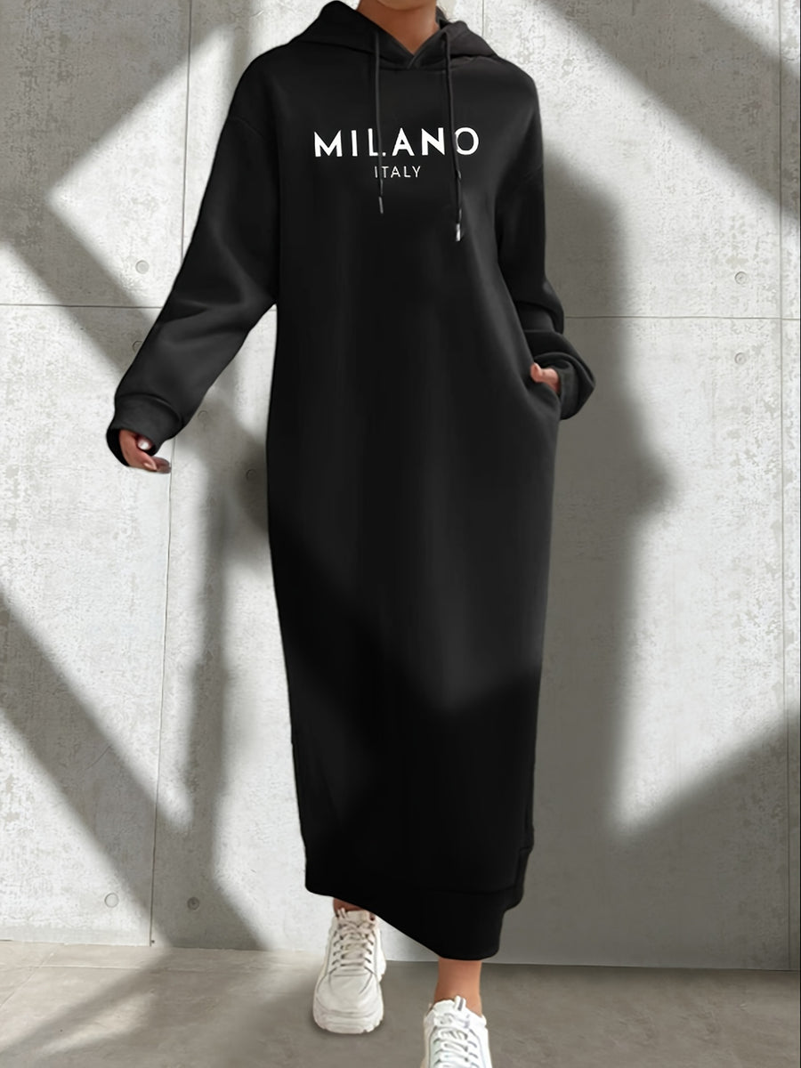 Womens Chic Hooded Drawstring Dress - Casual Long Sleeve Loose Fit - Comfortable & Versatile Solid Color - Perfect for All Season - Black