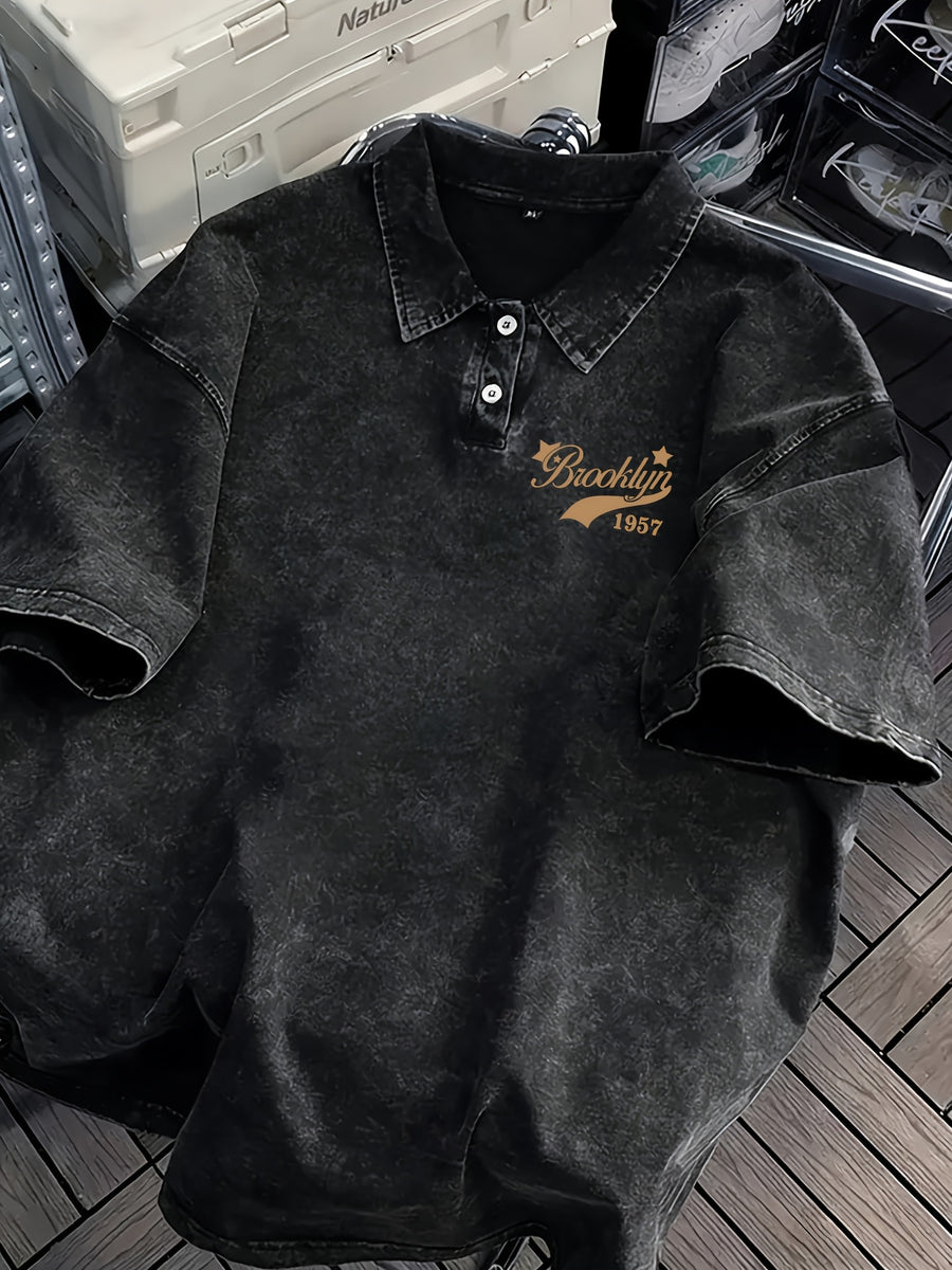 Brooklyn 1957 Print Polo Shirt - Men'S Oversized Heavyweight 100% Vintage Washed Style, Loose Streetwear Top with Bold Letter Design, Distressed End, Large Size Round Neck Polo Short Sleeve Casual Shirt for Men And Teens, All-Season Wear - Black A