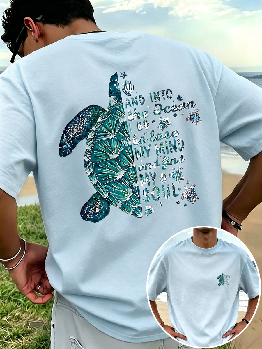 New Men'S 100% T-Shirt with Turtle Print, Comfortable And Breathable for Summer Casual Vacation - Light Blue Color