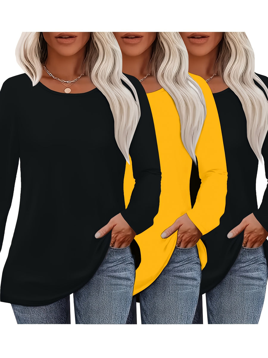 3pcs Long Sleeve Solid Color Women'S T-Shirts, Casual Holiday Outing Versatile Fall Winter Top Round Neck - 2 Black + 1 Yellow