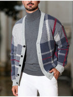 JANE DRESSINGLOG Men's Retro British Plaid Style V-neck Knitted Cardigan with Contrasting Colors, Large Plaid Single Breasted Loose Long Sleeved Sweater Jacket for Autumn and Winter Business Commuting, Daily Dating Outfits - Silvery Grey