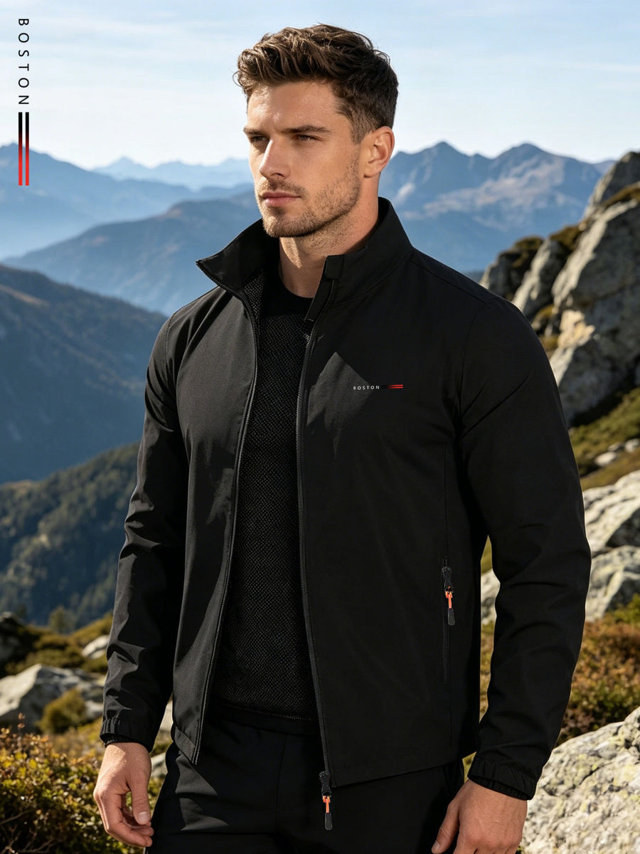 2026 New Men's Outdoor Men's Mountaineering Windproof Sports Jacket, Light and Comfortable High Quality Blazers, Fashion and Personality BOSTON Letter Elements Design, Suitable for Spring and Autumn Wear, Outdoor Sports Must Be. - Black