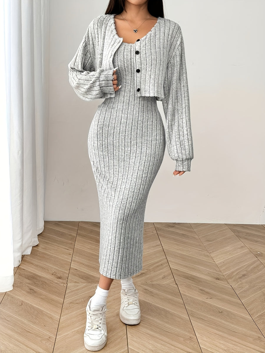 Two-Piece Set: Women'S Ribbed Drop Shoulder Button Jacket with Slim-Fit Knee-Length Dress, New Autumn Product - Light Grey