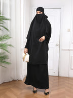 YT220 Women'S Traditional Arabic Long Robe, Long Batwing Sleeves, Loose Fit for All Seasons, Muslim Nida Headscarf Dress, Abaya Long Skirt with Hijab, Islamic Long Robe for Dubai Wedding Prayer Outfit, 2pcs Set - Black