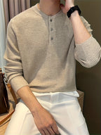 Waffle Knit Soft and Skin-Friendly Lazy Style Men's Henley Neck Pullover Base Layer Sweater - Oatmeal Color