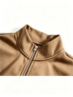 Men's Solid Color Half-Zip Stand Collar Sweatshirt, Mountain Print with Striped Ribbed Cuffs and Hem, Loose Fit Casual Sport Pullover, Daily Vintage Style Jacket - Khaki 1
