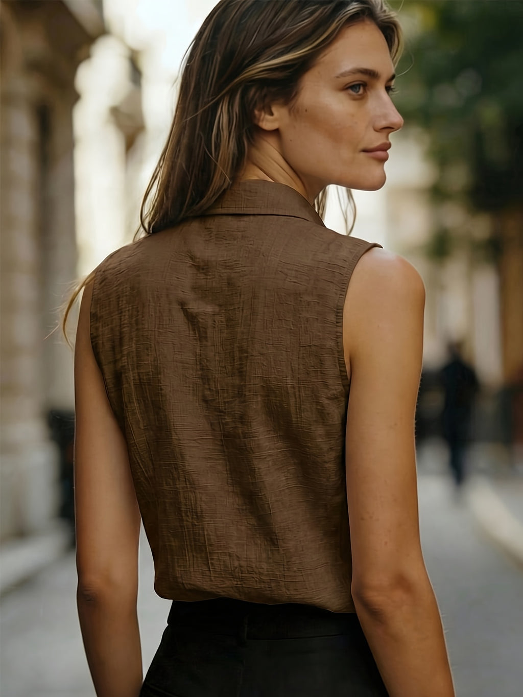Casual Linen Sleeveless Shirt for Women, Commuting Beach and Holiday Style Blouse - Coffee Brown