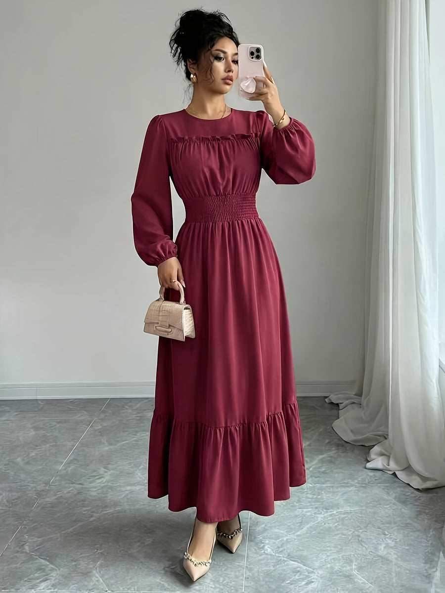 Women's Round Neck Ruffle Bubble Long Sleeve Stretch Elastic Waist Flowy Dress, Solid Color Layered Long Skirt with Tiered Ruffle Hem for a Flowing Drape. Suitable for Daily Outings, Beach Trips, Weekend Getaways, and Casual Dates - Deep Red