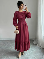 Women's Round Neck Ruffle Bubble Long Sleeve Stretch Elastic Waist Flowy Dress, Solid Color Layered Long Skirt with Tiered Ruffle Hem for a Flowing Drape. Suitable for Daily Outings, Beach Trips, Weekend Getaways, and Casual Dates - Deep Red