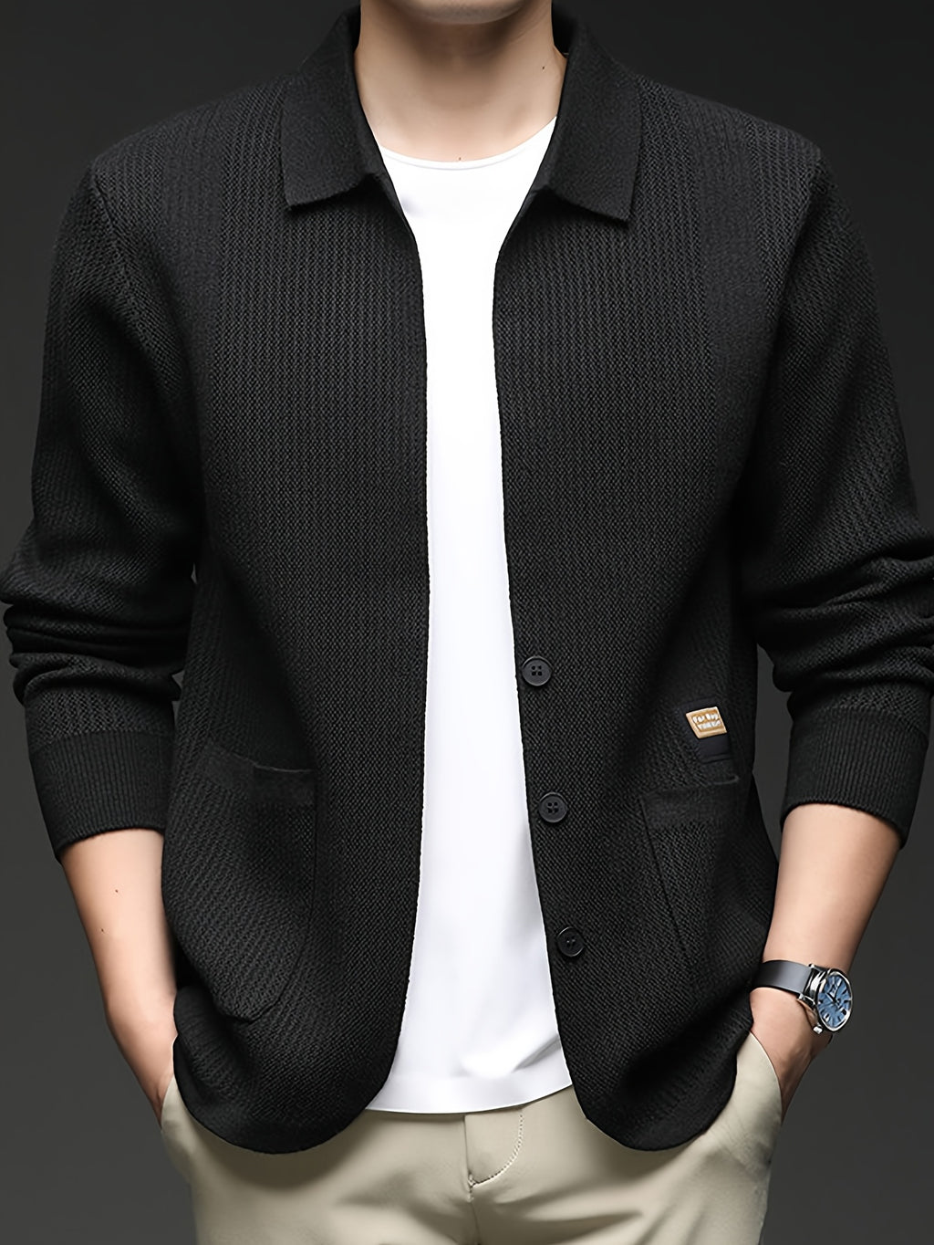 Men'S Lapel Single-Button Knit Cardigan, Spring/Autumn Outerwear, Winter Layering, Long Sleeve, Ribbed Cuffs And Hem - SINBOS - Black