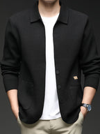 Men'S Lapel Single-Button Knit Cardigan, Spring/Autumn Outerwear, Winter Layering, Long Sleeve, Ribbed Cuffs And Hem - SINBOS - Black