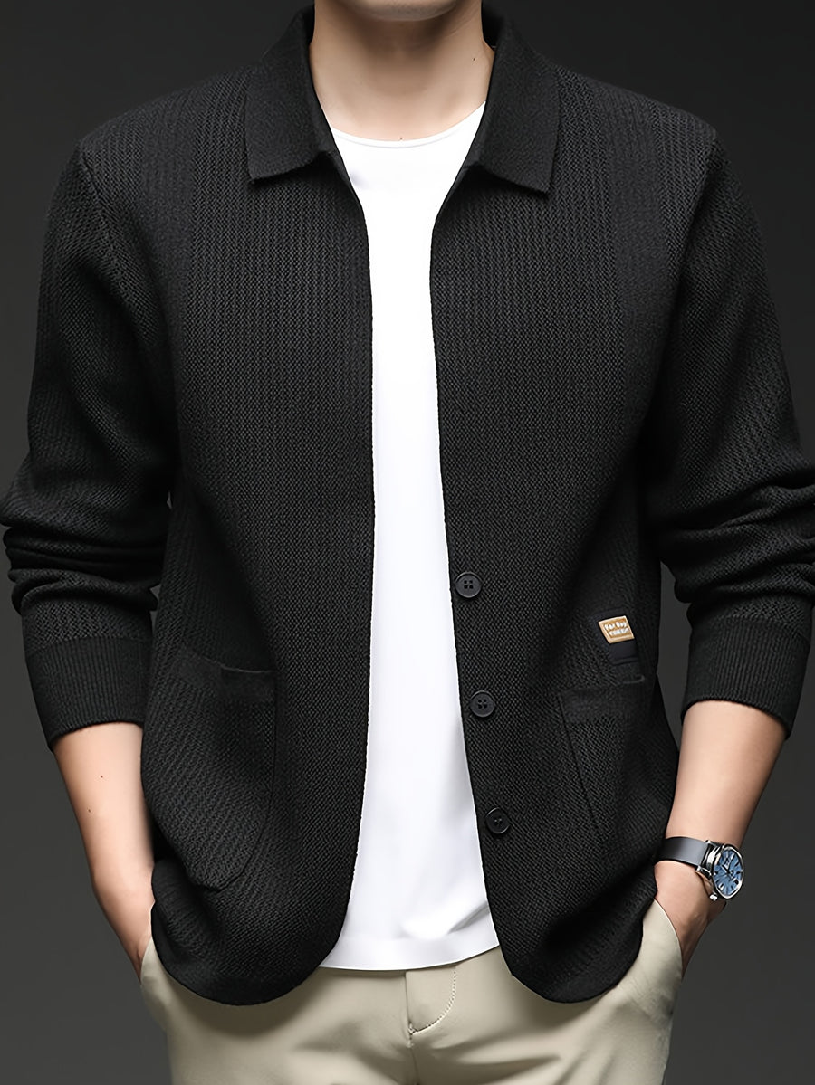Men'S Lapel Single-Button Knit Cardigan, Spring/Autumn Outerwear, Winter Layering, Long Sleeve, Ribbed Cuffs And Hem - SINBOS - Black