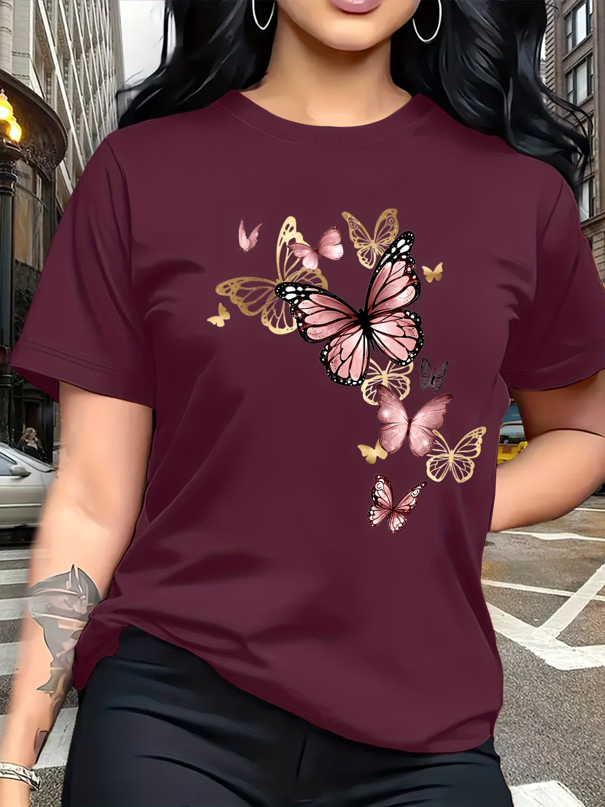 Watercolor Style Butterfly Pattern Print, Fashion Breathable T-Shirt, Family Travel, Campus, Casual, Daily Commute, Sisters' Matching Outfit, Versatile T-Shirt - Fuchsia