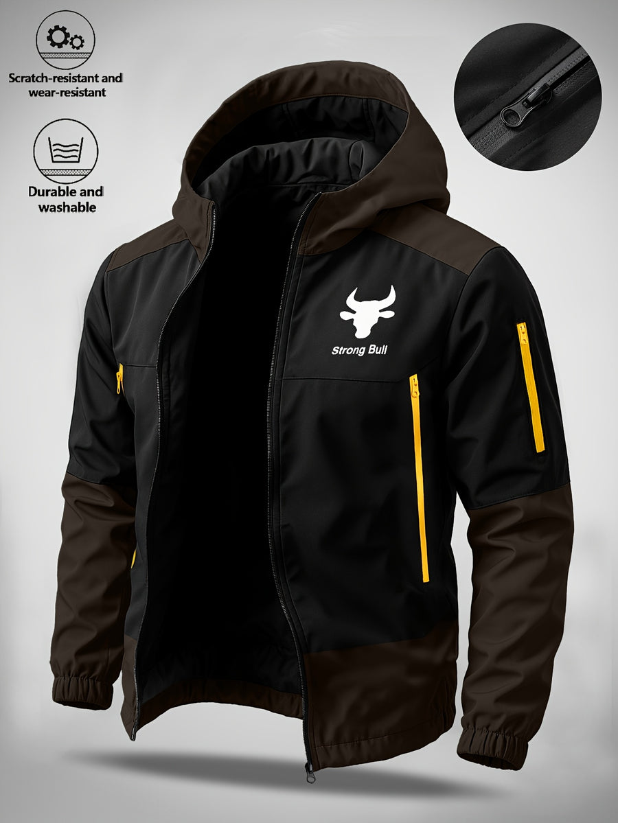 Men's Hooded Jacket with Bull Logo Colorblock Hooded Outdoor Jacket, Men's Sporty Casual Outerwear, JK1859 - Coffee Color