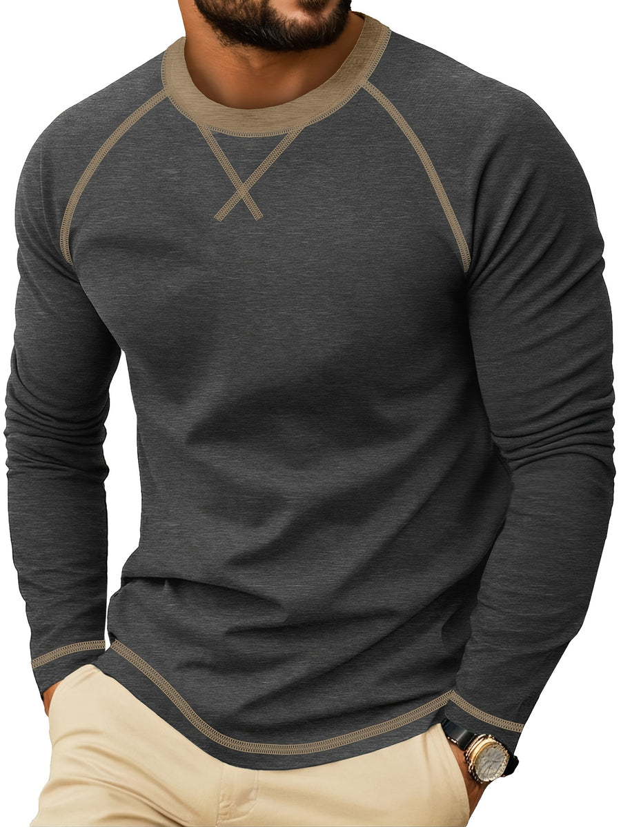 Cross-Border New Men'S Long Sleeve Round Neck T-Shirt, Outwardly Oriented Western Men'S Clothing Color-Blocked Top Base Layer - Dark Gray