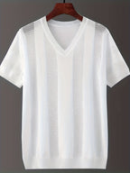 New Summer Collection of Men'S Fashion: Solid Color Hollow V-Neck Knitted Short Sleeves - White
