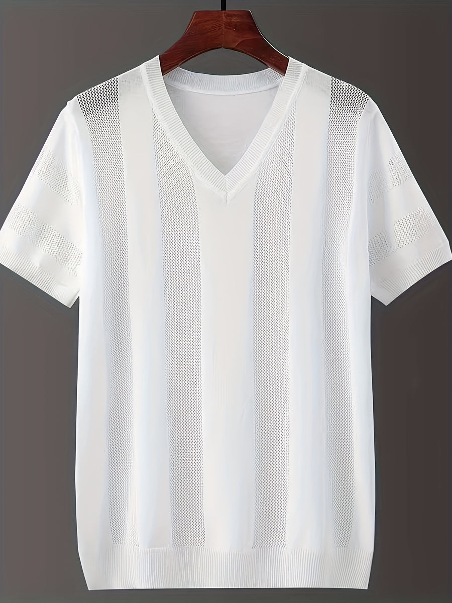 New Summer Collection of Men'S Fashion: Solid Color Hollow V-Neck Knitted Short Sleeves - White