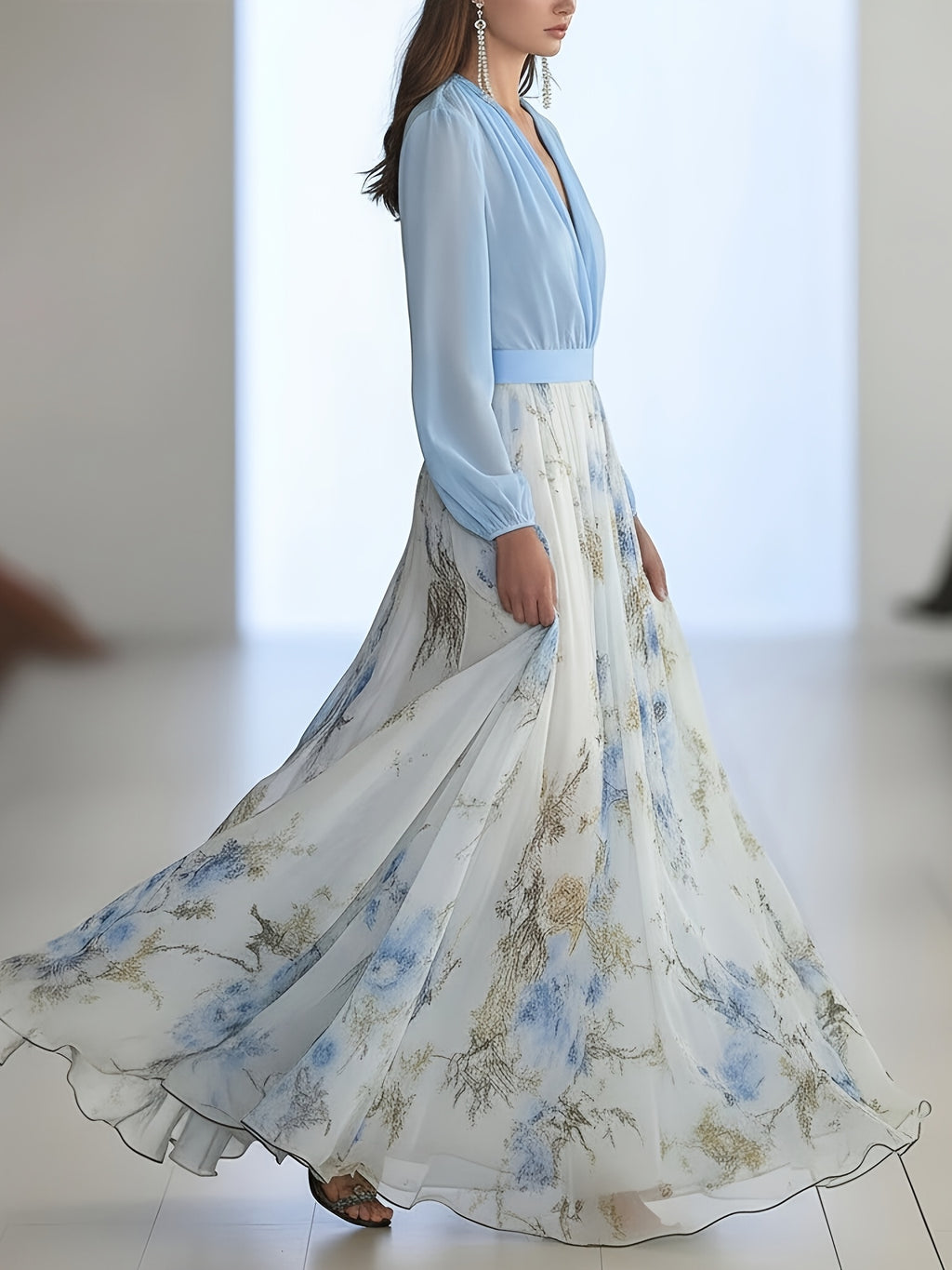New Women'S Bohemian Style Digital Print Long Sleeve Deep V-Neck Top, Blue Contrast White Lace Waist A-Line Lightweight Tassel Puff Sleeve Flowy Dress, Spring Summer Fall Casual And Formal Occasion Use - Blue Flower Pattern