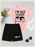 2pcs Women'S Summer Short Sleeve Set - I'M NOT SHORT Fun Penguin Print Short Sleeve And Shorts Outfit, Comfortable, Soft, Breathable Sportswear for Daily Wear, Suitable For, Campus, Valentine'S Day, Women'S Pajamas, Jogging, Fitness - Blush+Black
