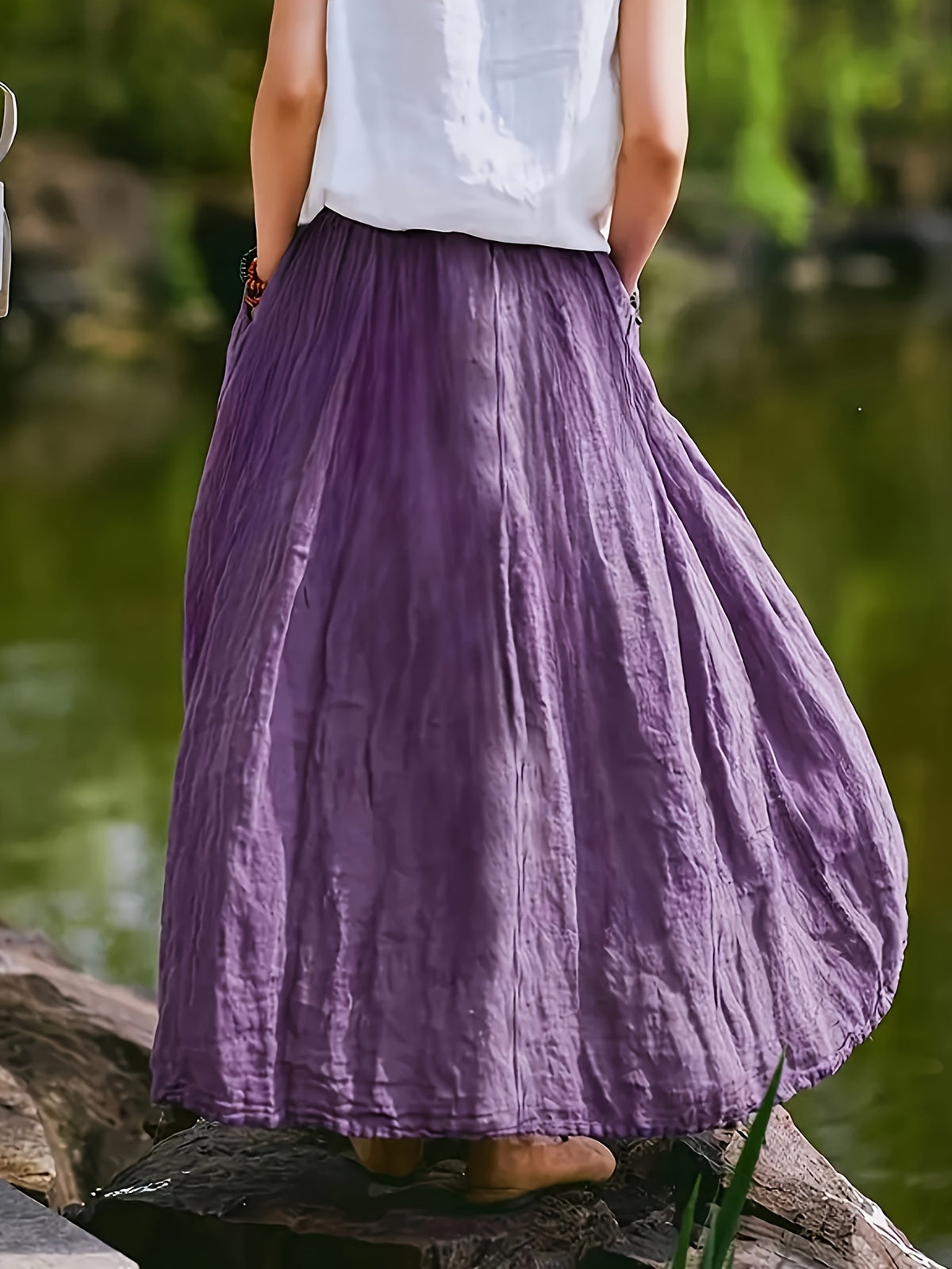 BK031606 Spring Summer Fall New Women'S Solid Retro Style Midi Skirt - Breathable, Loose Fit with Pockets, Spring Fall Elegant Casual Design - Purple