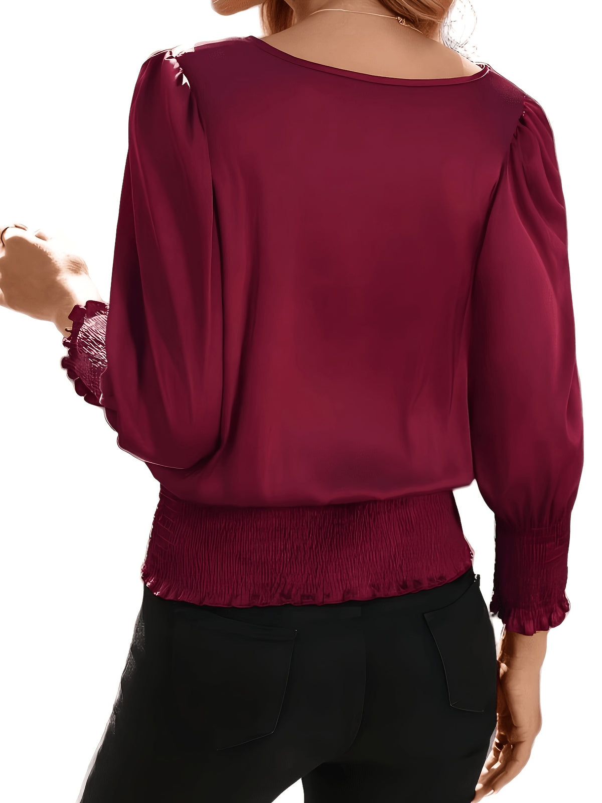 Casual Round Neck Lantern Sleeve Ruffled Women'S Long Sleeve Shirt, Suitable for Spring Summer Fall - Burgundy