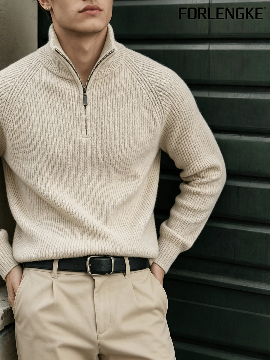FORLENGKE Stylish Elegant Men'S Business Casual Quarter Zip Ribbed Knit Sweater, Soft Warm Long Sleeve Pullover for Fall Winter Office Daily Wear - Apricot
