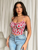 A Short Camisole Top with a Floral Print for Women, Perfect for an Elegant Vacation - Red Flowers